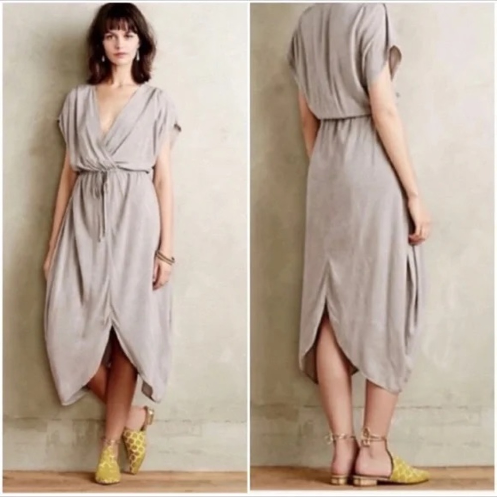 Anthropologie The Odells taupe gray short sleeve tulip midi dress Size M